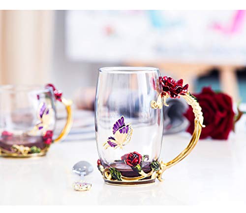 Flower Tea Cups, Unique Coffee Mugs, Butterfly Glass Mug with Spoon Set, Handmade Rose Butterflies Gifts - Best Valentine's Day Mother's Day Gift (13oz, Red)