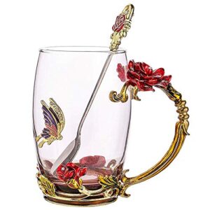 flower tea cups, unique coffee mugs, butterfly glass mug with spoon set, handmade rose butterflies gifts - best valentine's day mother's day gift (13oz, red)