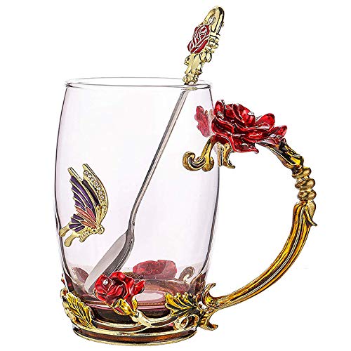 Flower Tea Cups, Unique Coffee Mugs, Butterfly Glass Mug with Spoon Set, Handmade Rose Butterflies Gifts - Best Valentine's Day Mother's Day Gift (13oz, Red)