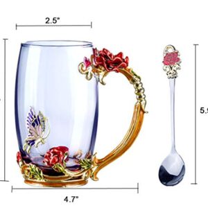 Flower Tea Cups, Unique Coffee Mugs, Butterfly Glass Mug with Spoon Set, Handmade Rose Butterflies Gifts - Best Valentine's Day Mother's Day Gift (13oz, Red)