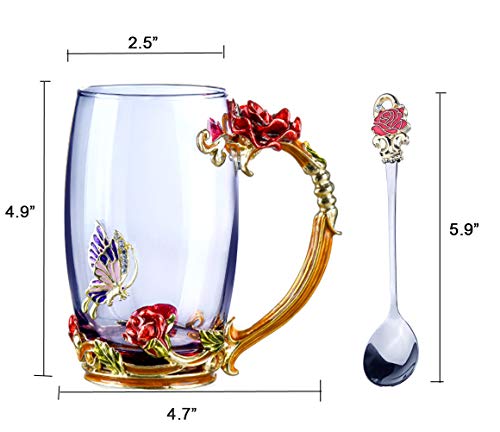 Flower Tea Cups, Unique Coffee Mugs, Butterfly Glass Mug with Spoon Set, Handmade Rose Butterflies Gifts - Best Valentine's Day Mother's Day Gift (13oz, Red)