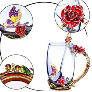 Flower Tea Cups, Unique Coffee Mugs, Butterfly Glass Mug with Spoon Set, Handmade Rose Butterflies Gifts - Best Valentine's Day Mother's Day Gift (13oz, Red)