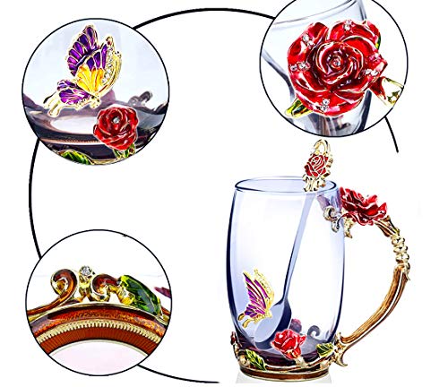 Flower Tea Cups, Unique Coffee Mugs, Butterfly Glass Mug with Spoon Set, Handmade Rose Butterflies Gifts - Best Valentine's Day Mother's Day Gift (13oz, Red)