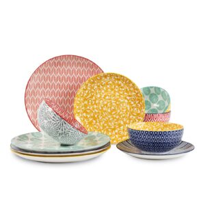 selamica ceramic 12-pieces dinnerware sets, ceramic dish plates and bowls sets, service for 4, dinner salad dessert plates, and cereal bowls set, gift, assorted colors