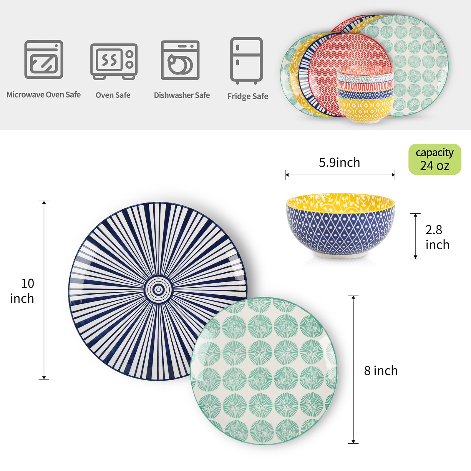 Selamica Ceramic 12-Pieces Dinnerware Sets, Ceramic Dish Plates and Bowls Sets, Service for 4, Dinner Salad Dessert Plates, and Cereal Bowls Set, Gift, Assorted Colors