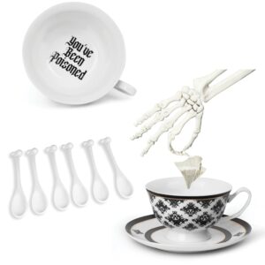 gothic kitchen gift set - 1 you've been poisoned tea cup and 6 bone spoons - spooky valentines day gifts, goth valentines day decor - skull kitchen decor