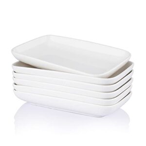 Sweese 8 Inch Rectangular Salad Plates, Porcelain Dessert Plates, Small White Serving Trays for Salad, Fruit, Sushi Appetizer and Parties - Stackable, Set of 6, White