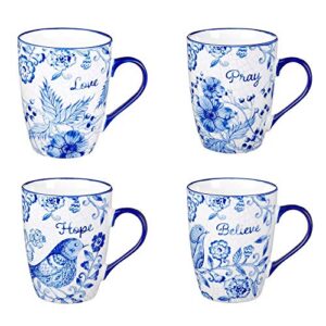blue birds - believe hope pray & love inspirational blue and white floral ceramic coffee/tea mug set for women boxed set/4 coffee cups