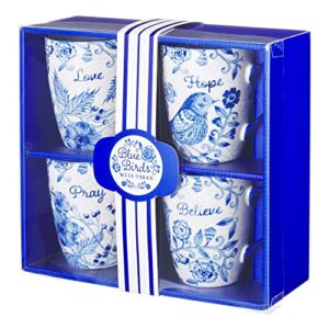 Blue Birds - Believe Hope Pray & Love Inspirational Blue and White Floral Ceramic Coffee/Tea Mug Set for Women Boxed Set/4 Coffee Cups