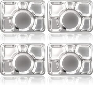 hacaroa 4 pack stainless steel divided dinner plates, 15x10.6 inches snack serving plate with 6 compartment, metal food trays for adults, diet food portion control, picky eaters