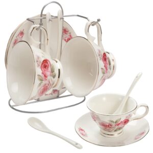 viktorwan porcelain tea cup and saucer coffee cup set with saucer and spoon, set of 7 (2 tea cups, 2 saucers, 2 spoons, and 1 bracket)