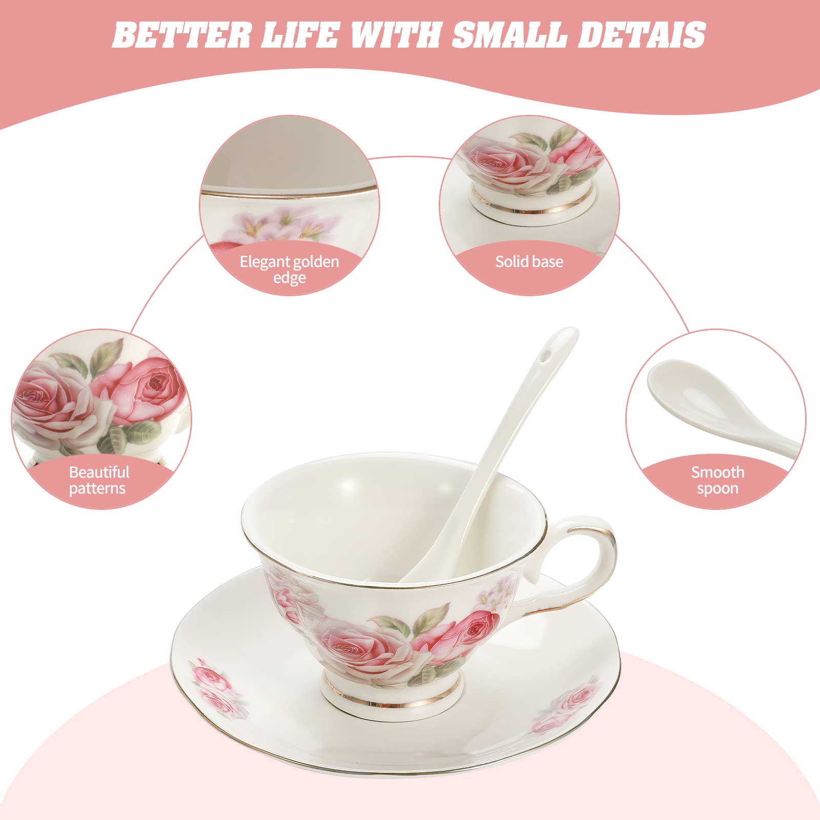 Viktorwan Porcelain Tea Cup and Saucer Coffee Cup Set with Saucer and Spoon, Set of 7 (2 Tea Cups, 2 Saucers, 2 Spoons, and 1 Bracket)