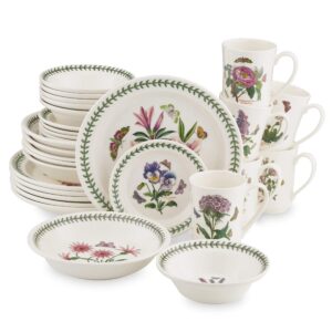 portmeirion botanic garden 30 piece earthenware dish set | dinnerware set for 6 | earthenware dish set | includes dinner plates, side plates, mugs, soup bowls, & pasta bowls