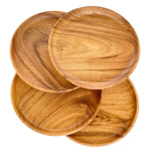 wrightmart wood plate set of 4, natural rustic acacia hardwood platter, handcrafted, versatile durable sustainable dinnerware, for daily use or as picnic & poolside servers, 10" round.