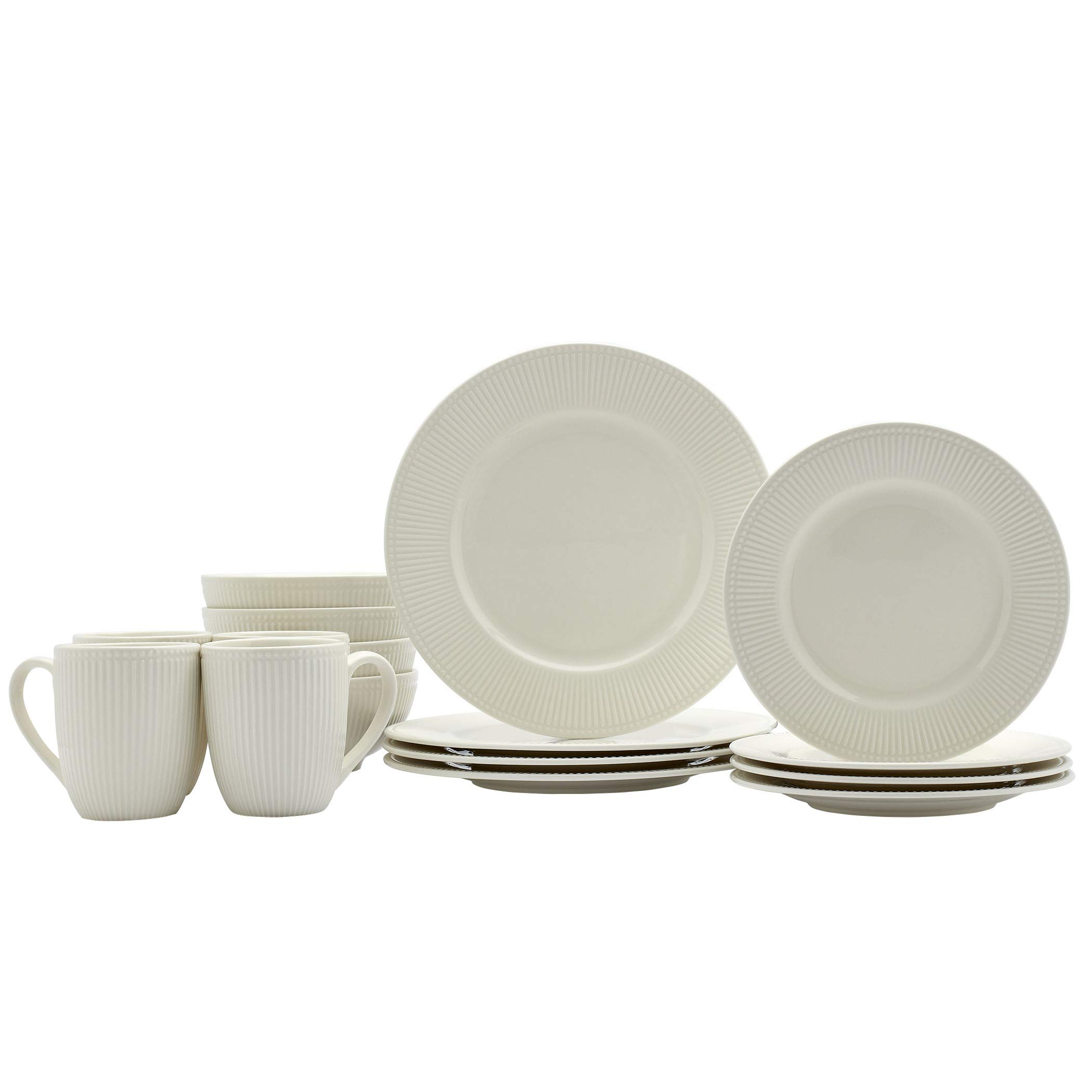 Tabletops Gallery Embossed Bone White Porcelain Round Dinnerware Collection- Chip Resistant Scratch Resistant, Fleur 16 Piece Dinnerware Set (Dinner Plate, Salad Plate, Cereal Bowl, Mug)