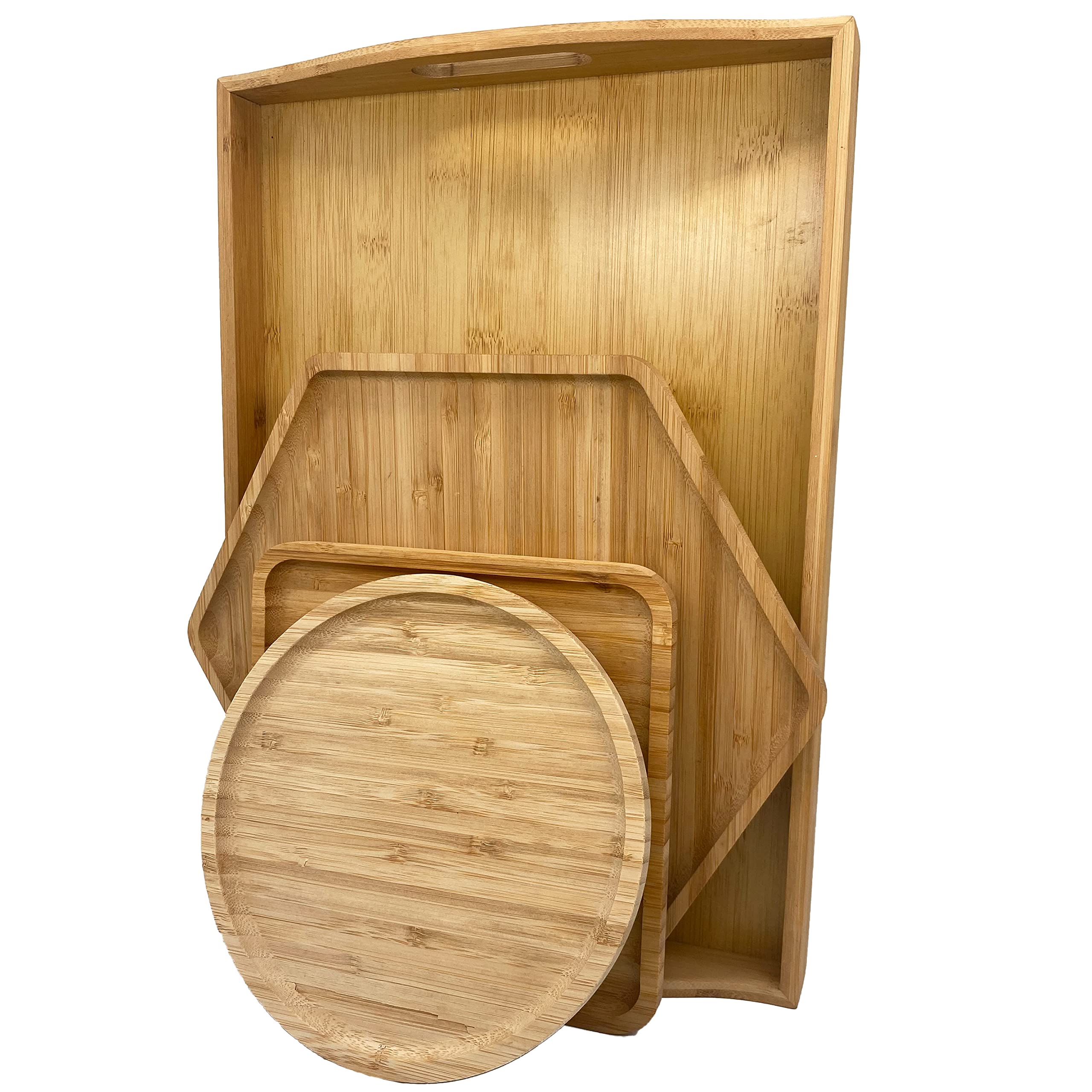 PAFREWOG Bamboo Serving Trays Cutting Boards 16.5"x11.8"（42x30cm with Handle, Set Includes 0.63"(1.6cm) Thick Plates Hexagon 12.5"(32cm)+Square 7.8"(20cm)+Circle 7.8"(20cm) for Family Dinner Time