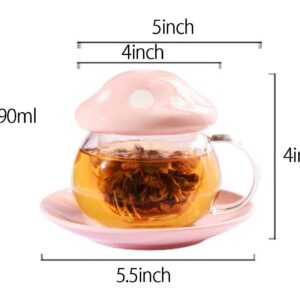 Mozacona Glass Mushroom Shape Teacup Saucer Set Coffee Mug with Filter Cup