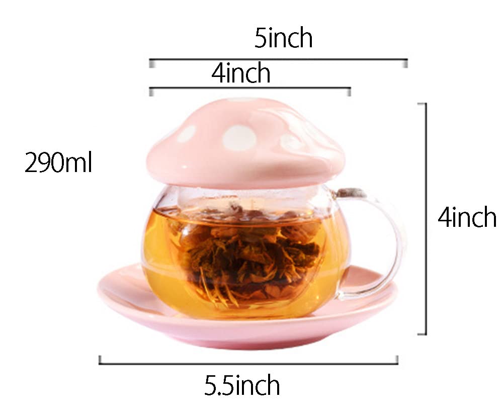 Mozacona Glass Mushroom Shape Teacup Saucer Set Coffee Mug with Filter Cup