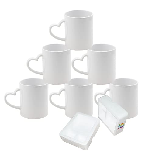 MR.R Sublimation Blanks Dishwasher White Ceramic Coffee Mugs 11oz Blank Ceramic Classic Drinking Cup Mug with Heart Handle For Milk Tea Cola Water, Set of 6…