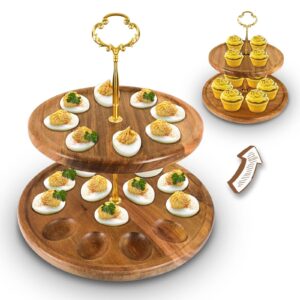 honitra double wooden deviled egg platter, 22 holes deviled egg plate, reversible deviled egg tray, front as easter & thanksgiving deviled egg container, back as cupcakes stand & serving tray