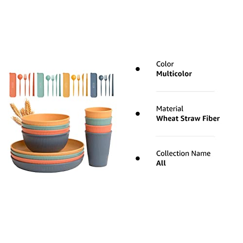 Wheat Straw Dinnerware Sets -Multicolor Dinnerware set w/Wheat Straw Plates, Bowls & Utensils - Dishwasher & Microwave-Safe Dishes Set for 4 - Seniors & Kids Plates and Bowls Sets by Slow Hour