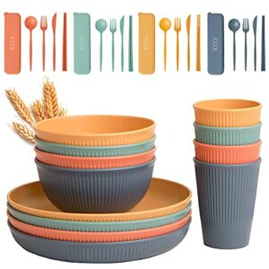 wheat straw dinnerware sets -multicolor dinnerware set w/wheat straw plates, bowls & utensils - dishwasher & microwave-safe dishes set for 4 - seniors & kids plates and bowls sets by slow hour