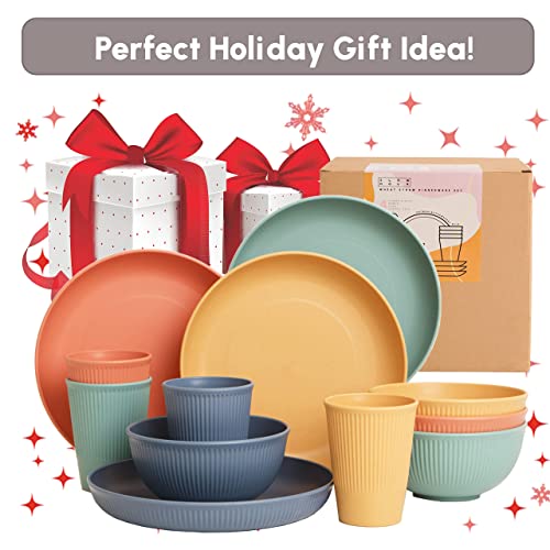 Wheat Straw Dinnerware Sets -Multicolor Dinnerware set w/Wheat Straw Plates, Bowls & Utensils - Dishwasher & Microwave-Safe Dishes Set for 4 - Seniors & Kids Plates and Bowls Sets by Slow Hour