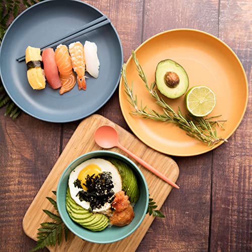 Wheat Straw Dinnerware Sets -Multicolor Dinnerware set w/Wheat Straw Plates, Bowls & Utensils - Dishwasher & Microwave-Safe Dishes Set for 4 - Seniors & Kids Plates and Bowls Sets by Slow Hour