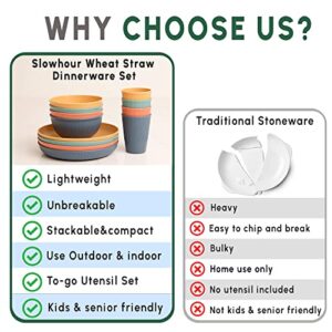 Wheat Straw Dinnerware Sets -Multicolor Dinnerware set w/Wheat Straw Plates, Bowls & Utensils - Dishwasher & Microwave-Safe Dishes Set for 4 - Seniors & Kids Plates and Bowls Sets by Slow Hour