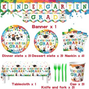 Happy Kindergarten Graduation Tableware Decoration- 142Pcs Kindergarten Tableware Set Include Plates, Napkins Banner Service for 20 Guests Congrats Grad Party Supplies (Tableware)