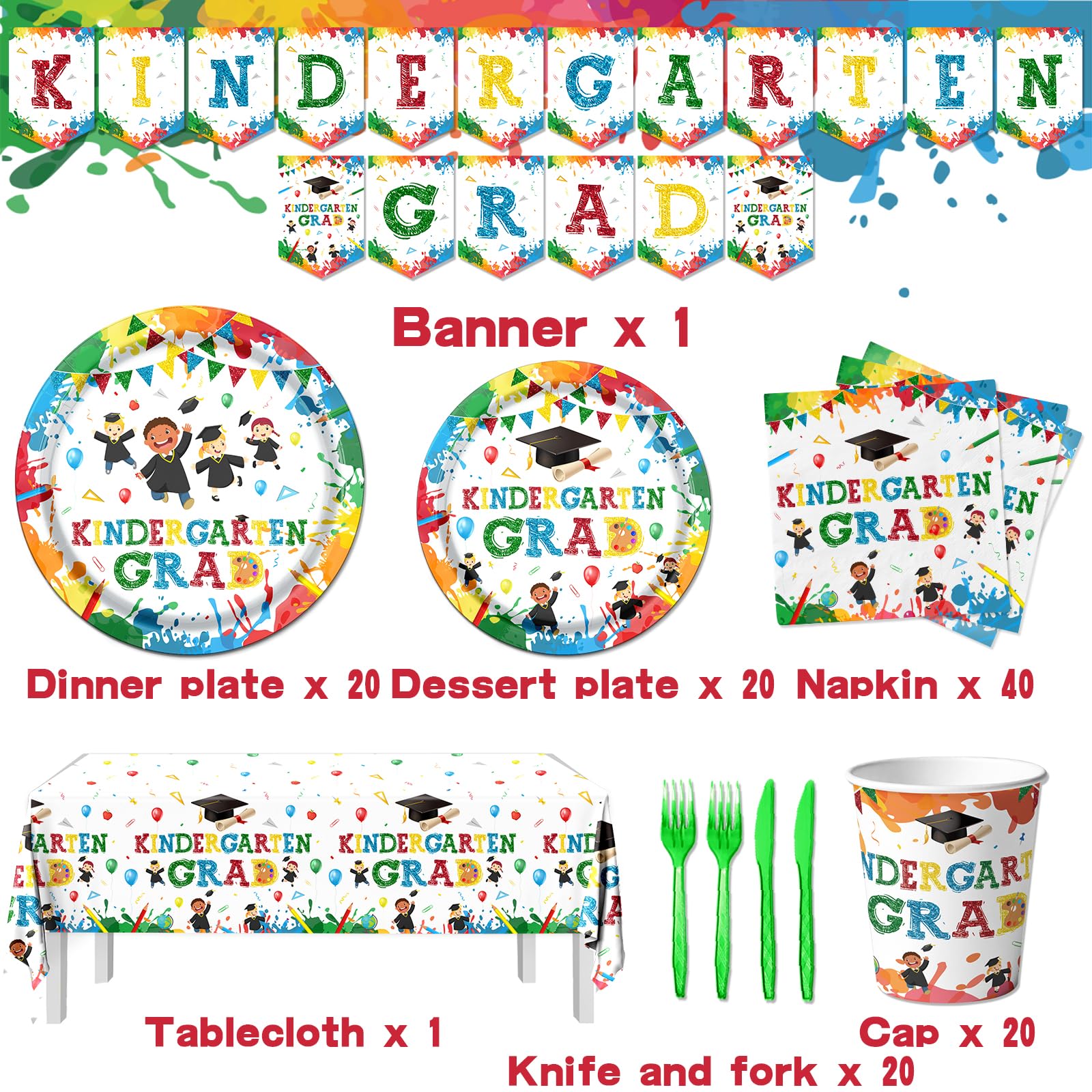 Happy Kindergarten Graduation Tableware Decoration- 142Pcs Kindergarten Tableware Set Include Plates, Napkins Banner Service for 20 Guests Congrats Grad Party Supplies (Tableware)