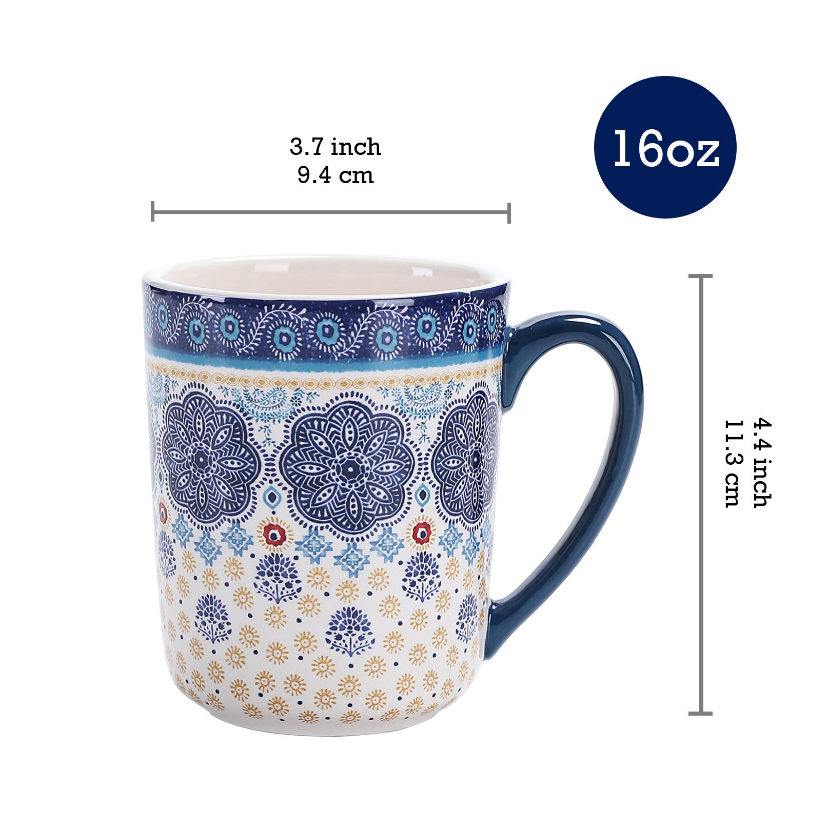 Bico Blue Talavera Ceramic Mugs, Set of 4, for Coffee, Tea, Drinks, Microwave & Dishwasher Safe