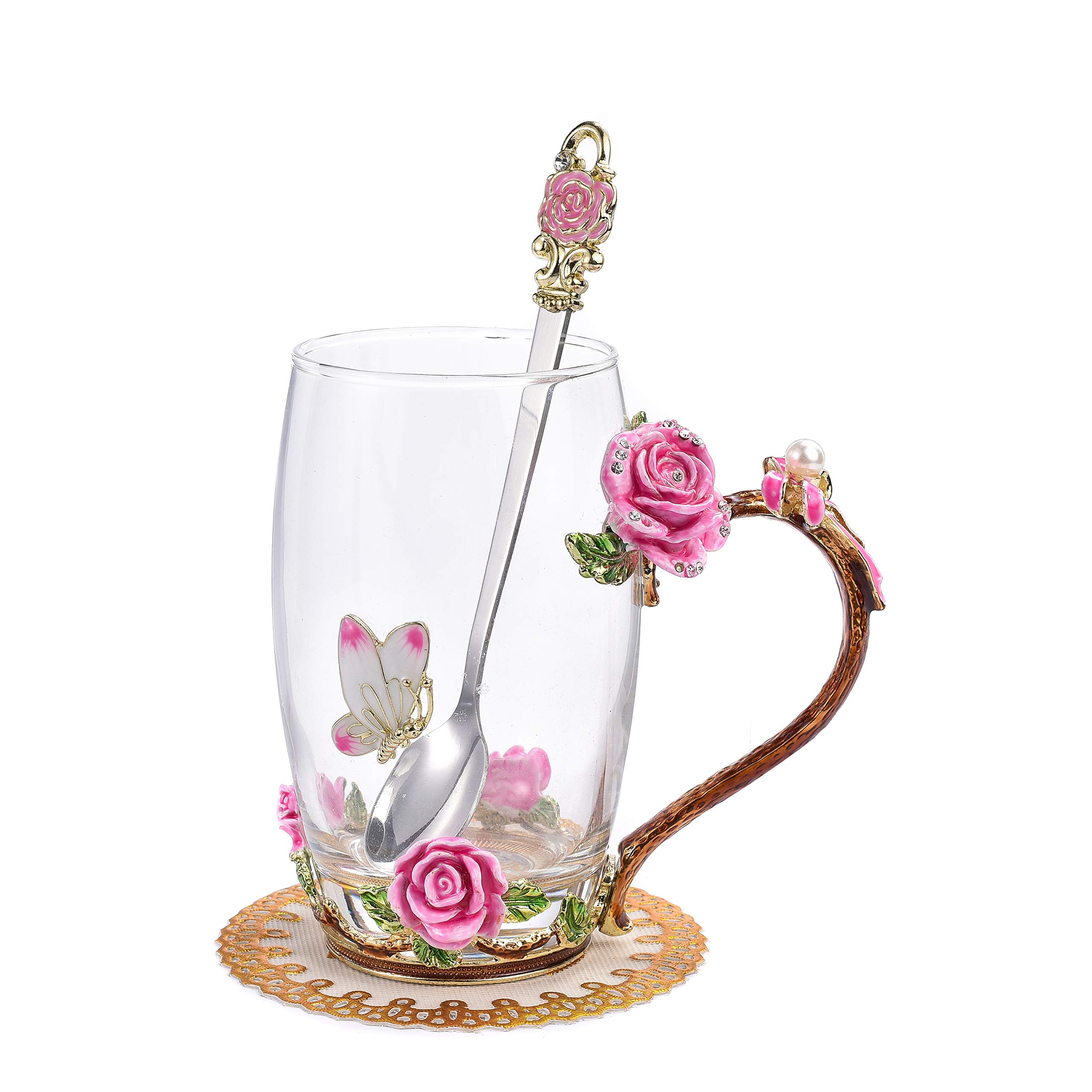 SUQ I OME Enamel Rose and Butterfly Flower Glass Tea Cup Glass Birthday Gifts For Women Mother Teacher Classmate Sister Wife with Spoon Beautiful Rose Flower Butterfly Christmas Valentines Wedding Day