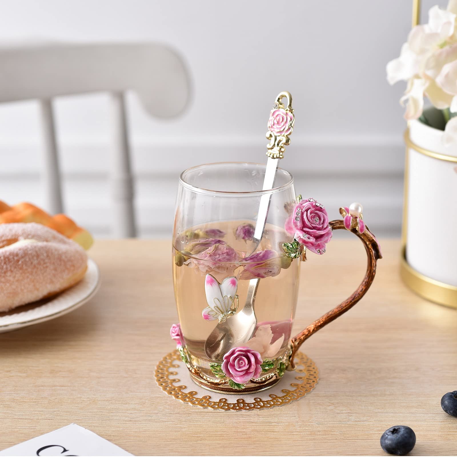 SUQ I OME Enamel Rose and Butterfly Flower Glass Tea Cup Glass Birthday Gifts For Women Mother Teacher Classmate Sister Wife with Spoon Beautiful Rose Flower Butterfly Christmas Valentines Wedding Day