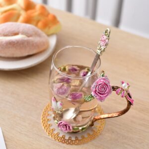 SUQ I OME Enamel Rose and Butterfly Flower Glass Tea Cup Glass Birthday Gifts For Women Mother Teacher Classmate Sister Wife with Spoon Beautiful Rose Flower Butterfly Christmas Valentines Wedding Day