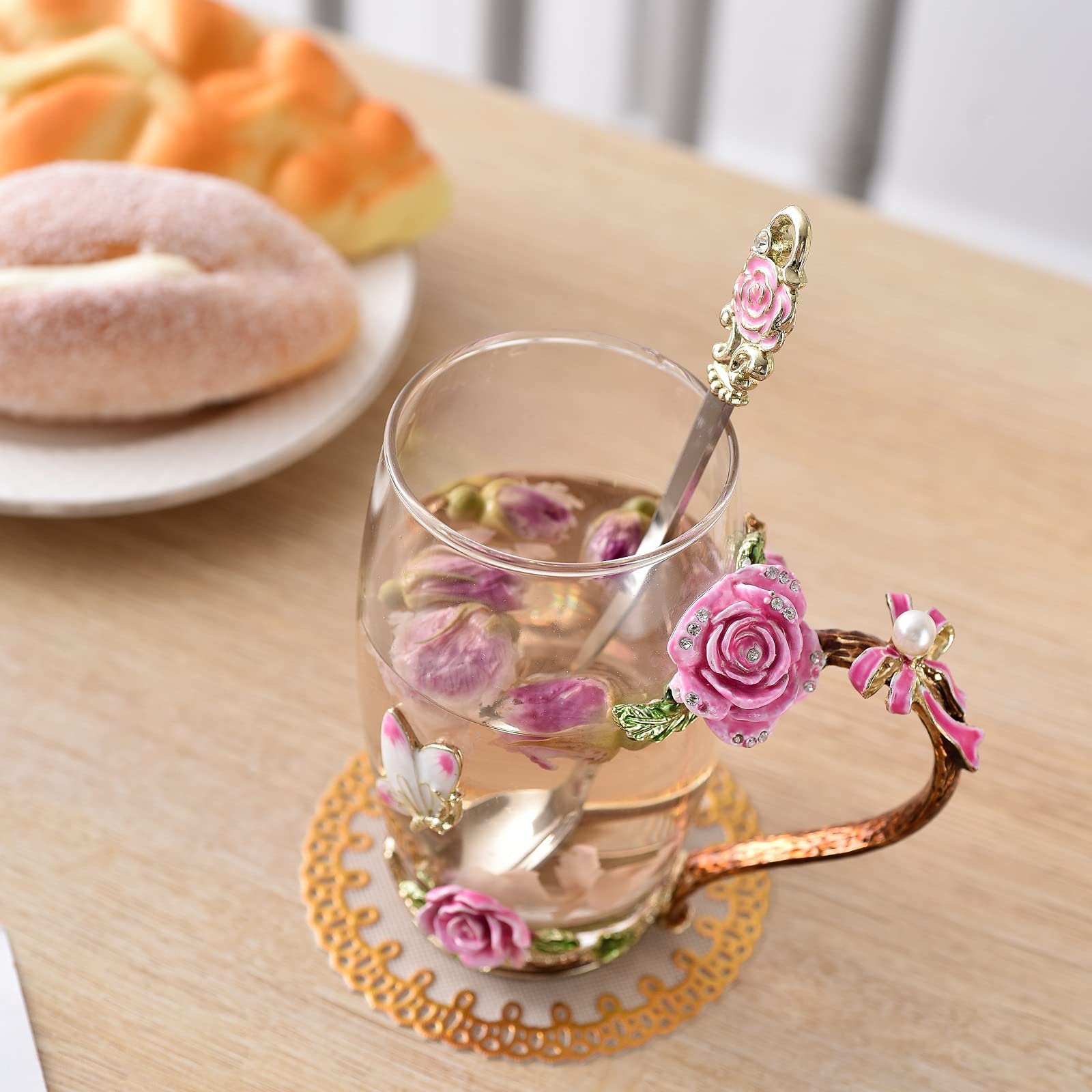 SUQ I OME Enamel Rose and Butterfly Flower Glass Tea Cup Glass Birthday Gifts For Women Mother Teacher Classmate Sister Wife with Spoon Beautiful Rose Flower Butterfly Christmas Valentines Wedding Day