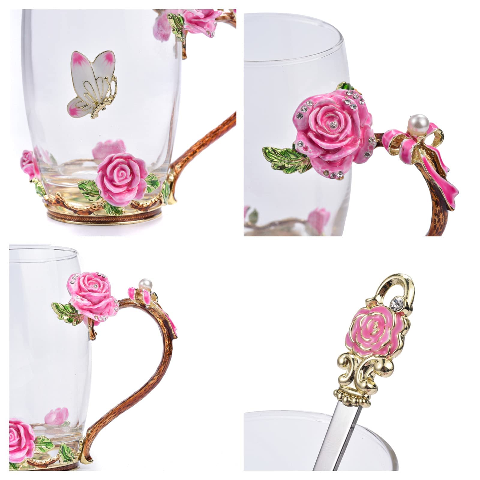 SUQ I OME Enamel Rose and Butterfly Flower Glass Tea Cup Glass Birthday Gifts For Women Mother Teacher Classmate Sister Wife with Spoon Beautiful Rose Flower Butterfly Christmas Valentines Wedding Day