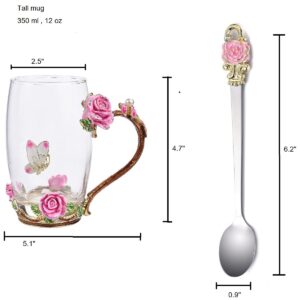 SUQ I OME Enamel Rose and Butterfly Flower Glass Tea Cup Glass Birthday Gifts For Women Mother Teacher Classmate Sister Wife with Spoon Beautiful Rose Flower Butterfly Christmas Valentines Wedding Day