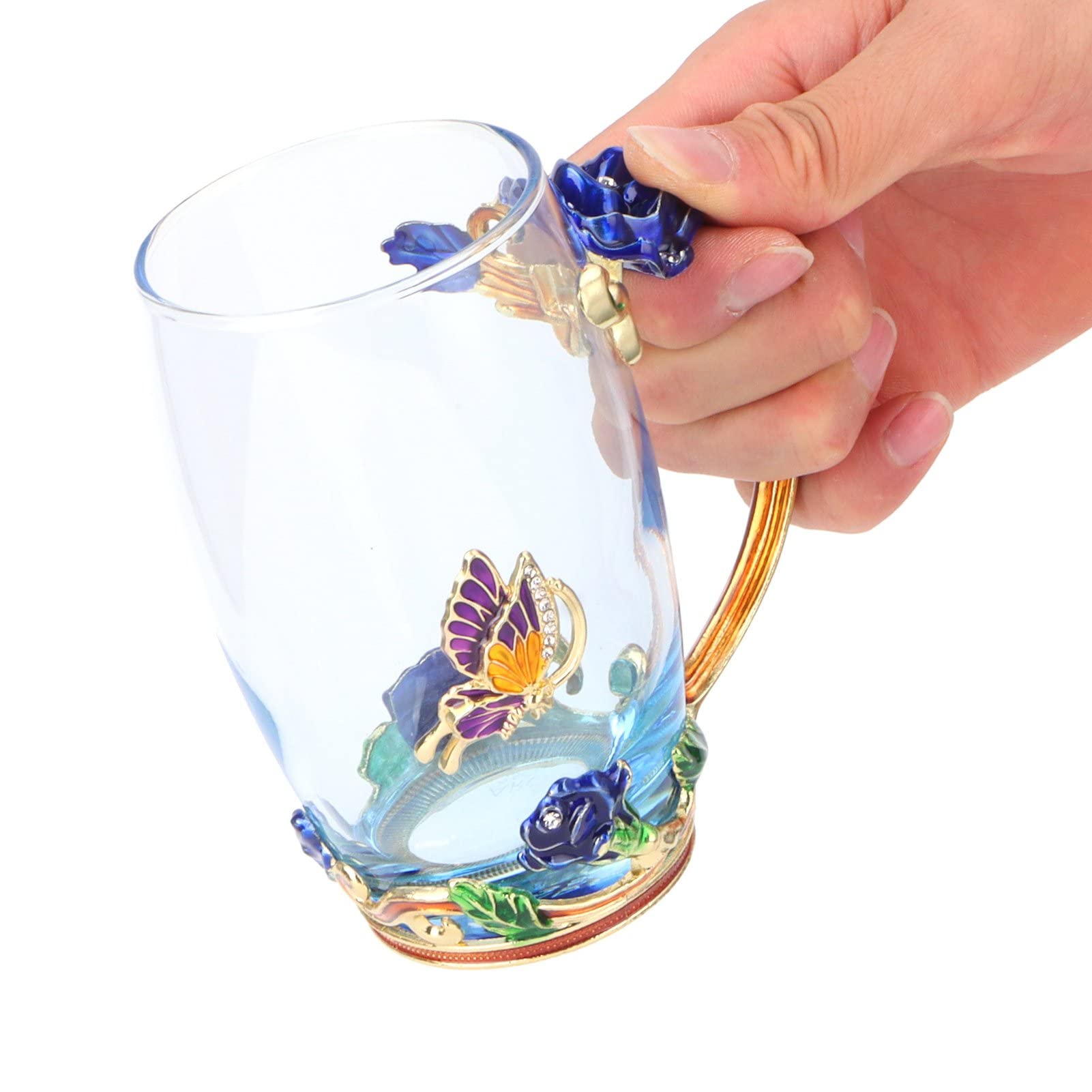 Butterfly Flower Glass Tea Cup, Handmade Enamels Rose Coffee Mugs with Spoon, Personalized Unique Gift for Women Mom Grandma Wife Friends Teacher Birthday Mothers Valentines Day Graduation(Blue-Tall)