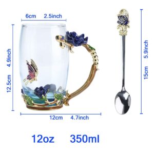 Butterfly Flower Glass Tea Cup, Handmade Enamels Rose Coffee Mugs with Spoon, Personalized Unique Gift for Women Mom Grandma Wife Friends Teacher Birthday Mothers Valentines Day Graduation(Blue-Tall)