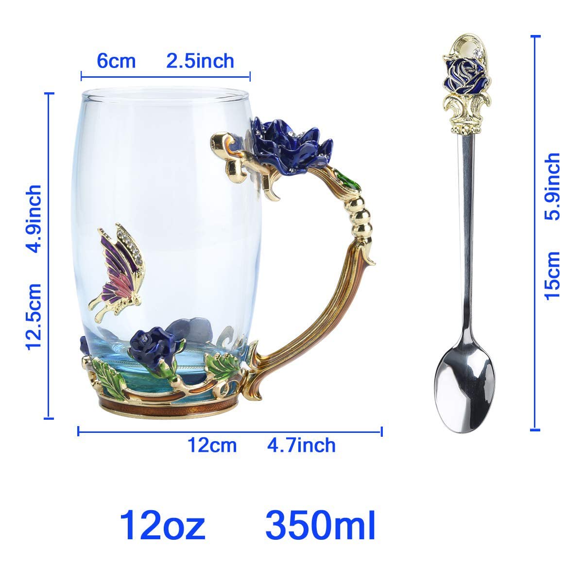 Butterfly Flower Glass Tea Cup, Handmade Enamels Rose Coffee Mugs with Spoon, Personalized Unique Gift for Women Mom Grandma Wife Friends Teacher Birthday Mothers Valentines Day Graduation(Blue-Tall)