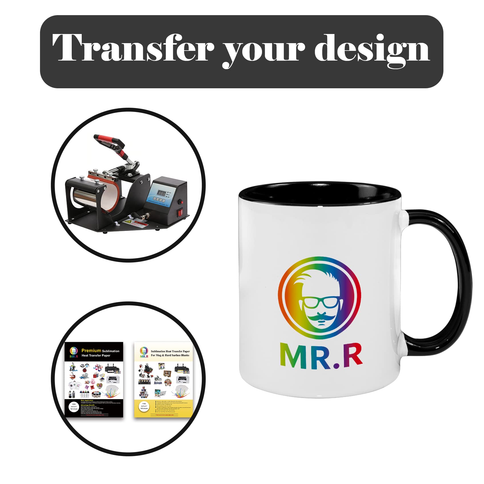 MR.R 11oz Sublimation Blank Coffee Mugs,Cup Blank White Mug Cup with Black Color Mug Inner and Handle,Set of 2