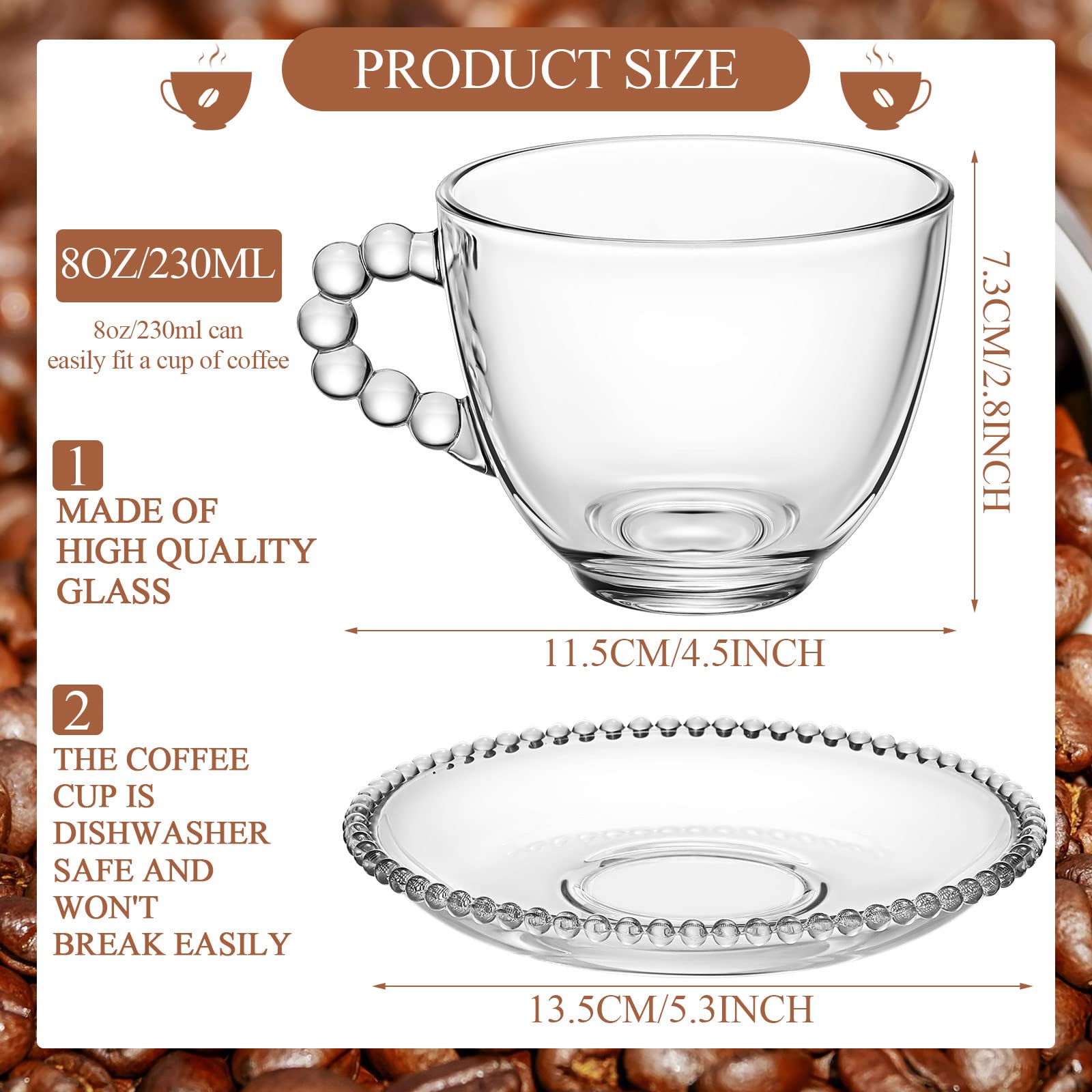 8 oz Glass Tea Cups and Saucer Set, Clear Tea Cups Set Clear Coffee Cups with Handles for Latte, Cappuccino, Mocha, Hot Chocolate, Tea, Juice, Hot or Iced Beverage, Cute Bead Design (2 Set)