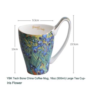 YBK Tech Bone China Coffee Mug, 16oz Large Tea Cup - Design Inspired by Van Gogh's Paintings (Iris flower)