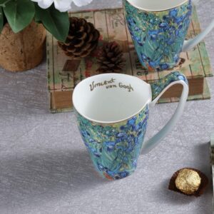 YBK Tech Bone China Coffee Mug, 16oz Large Tea Cup - Design Inspired by Van Gogh's Paintings (Iris flower)