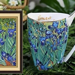 YBK Tech Bone China Coffee Mug, 16oz Large Tea Cup - Design Inspired by Van Gogh's Paintings (Iris flower)