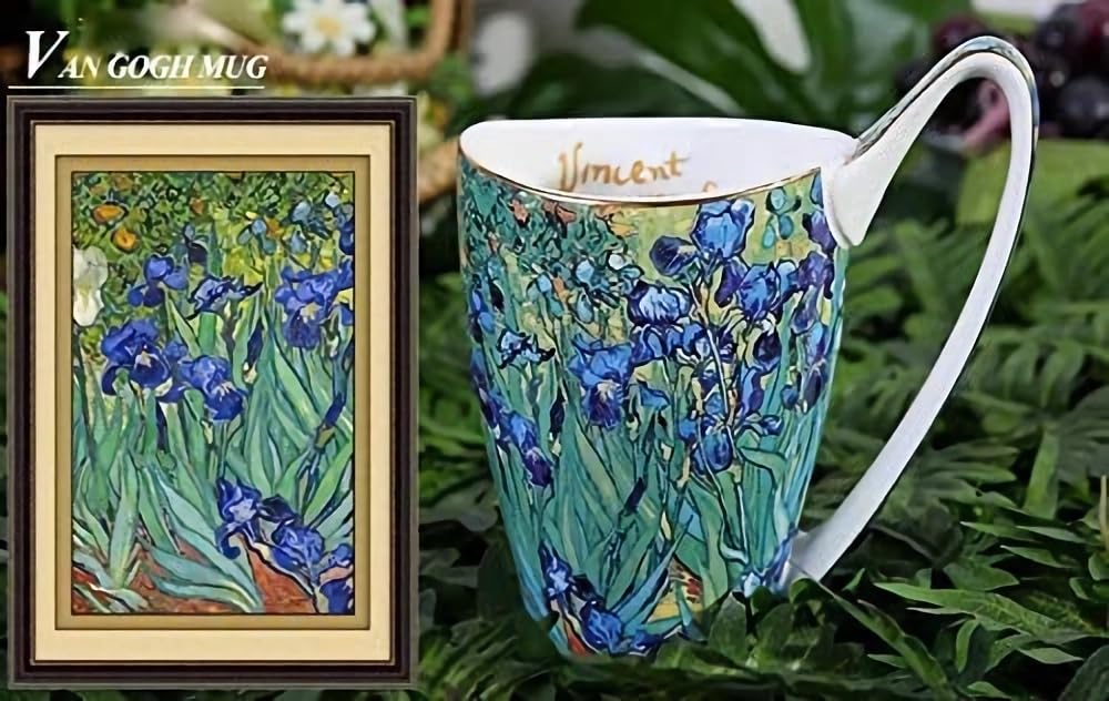 YBK Tech Bone China Coffee Mug, 16oz Large Tea Cup - Design Inspired by Van Gogh's Paintings (Iris flower)