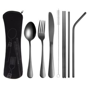 alikpop portable lunch cutlery sets-straw, straight straw, knife, fork, spoon, chopsticks, cleaning brush 8 piece kpop merchandise bangtan boys merch travel camping utensils set (black)