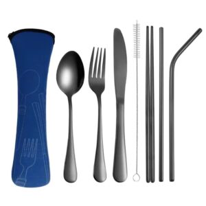 Alikpop Portable Lunch Cutlery Sets-Straw, Straight Straw, Knife, Fork, Spoon, Chopsticks, Cleaning Brush 8 Piece Kpop Merchandise Bangtan Boys Merch Travel Camping Utensils Set (Black)