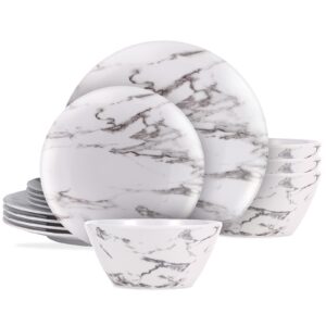 cuaeibey 12-piece melamine dinnerware set, white marble, bpa-free, dishwasher safe, service for 4, indoor/outdoor use